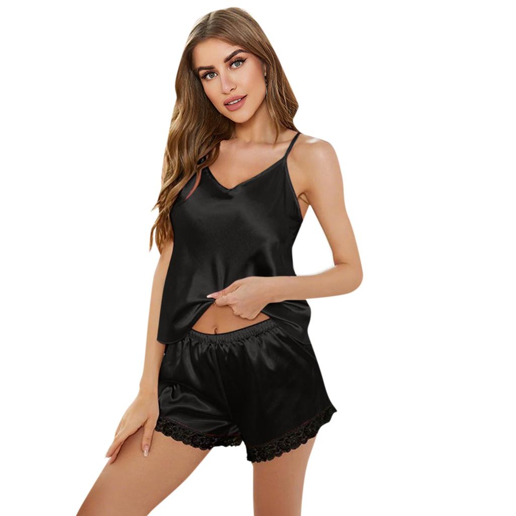 Pajamas For Women Set Satin 2 Piece Silk Camisole Top And Shorts Casual Fashion Ruffle Soft Sleepwear