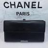 Used CHANEL Coco Button Long Wallet Black Caviar Skin Trifold Wallet