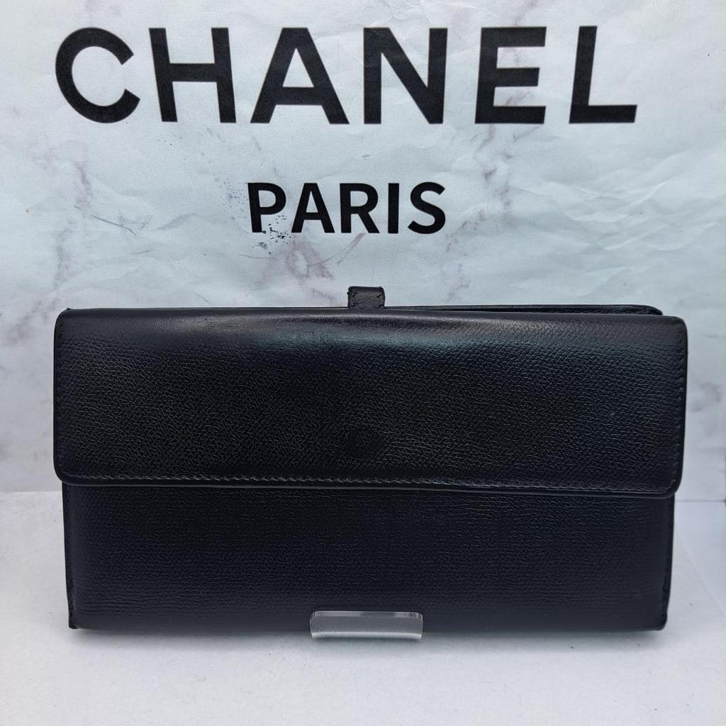 Used CHANEL Coco Button Long Wallet Black Caviar Skin Trifold Wallet