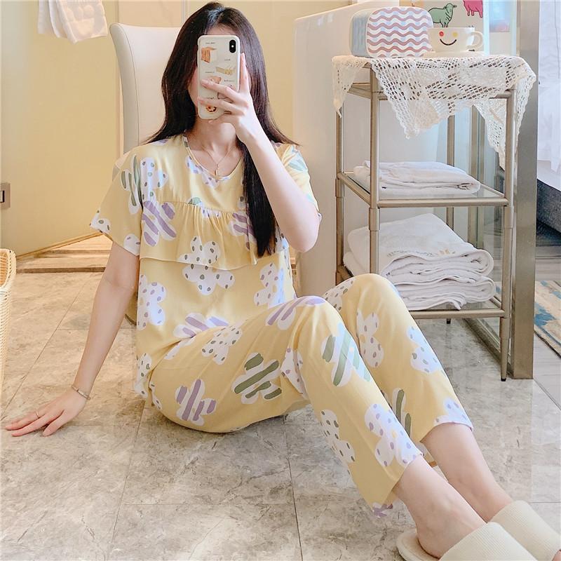 Artificial cotton pajamas women's spring and summer anti-bump cotton and silk loungewear suit summer cute plaid large size pajamas outside wear