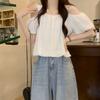Pink Short Sleeve Shirt Women's Summer Design Premium French Short Clavicle Shoulder Bubble Sleeve Chic Top