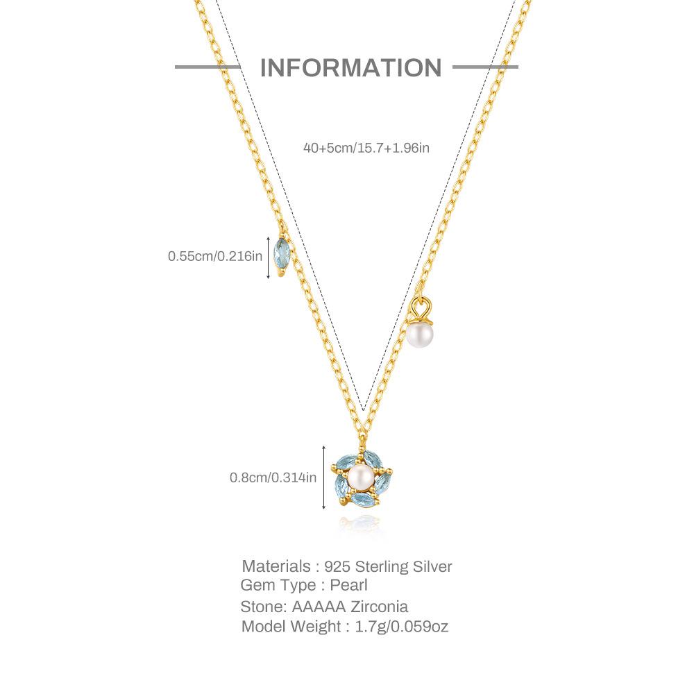 Fashion Trend S925 Sterling Silver Shallow Sea Blue Horse Eye Zircon Spliced Into Snowflake Pearl Small Fresh Necklace