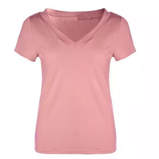Plus Size Solid Color Slim Fit Women Deep V Short Sleeve T-Shirt Summer Top