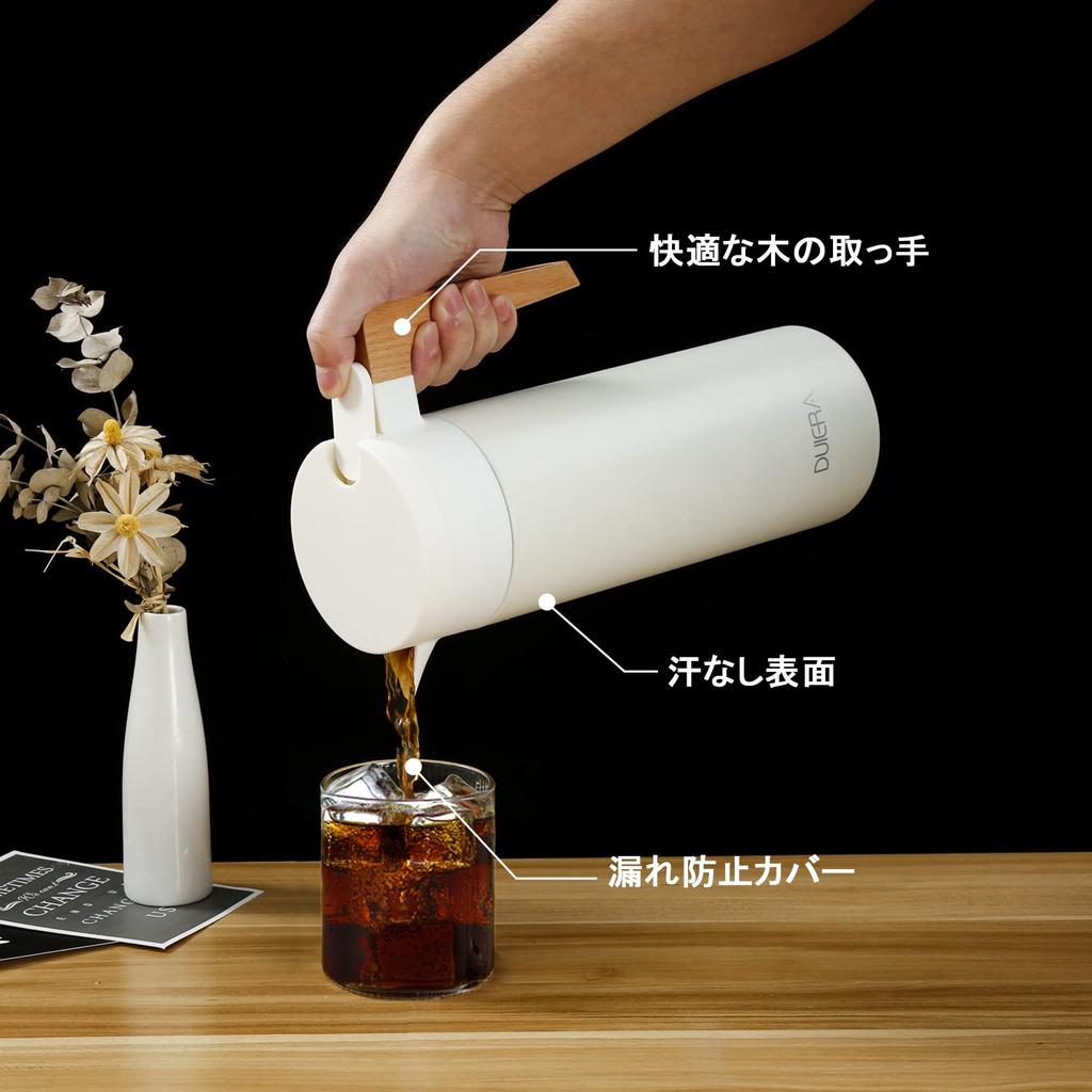 Термос-чайник DUIERA 1,5 литра, Изолированный, 1500 мл, Стильный чайник из нержавеющей стали с деревянной ручкой и крышкой, Настольный, Белый