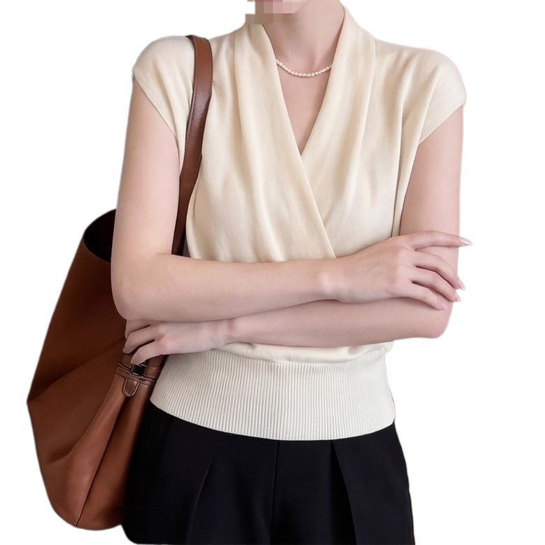 Women's Slimming Dark Blue Lyocell Tencel Knit Top with Cross-Collar & Cinched Waist