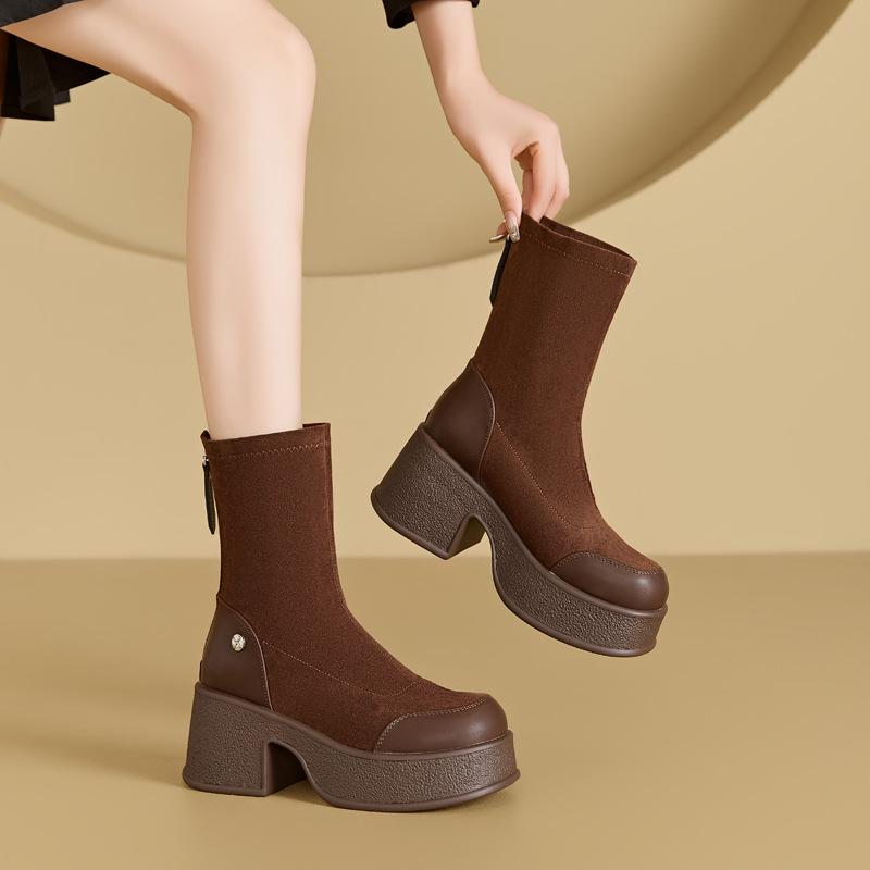 8573-85712025 Autumn New Retro Small Thick-soled Elastic Boots Skinny Boots Suede Martin Boots Women