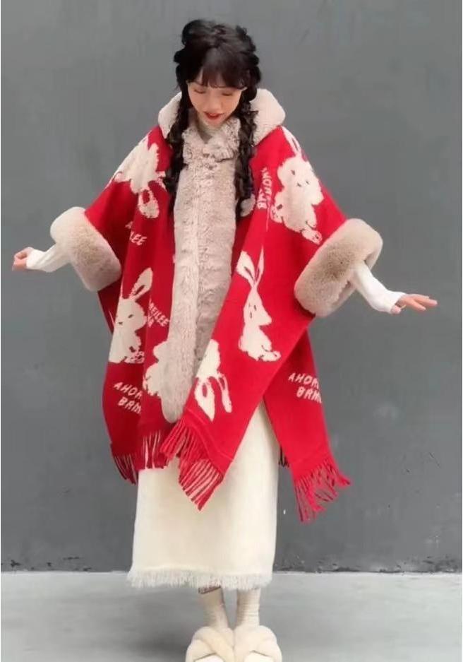 Thicken Christmas Cloak Women Knitted Cardigan Shawl With Fur Collar  Winter Warm Design Poncho Female Travel Blanket