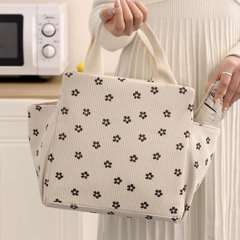 Corduroy Lunch Bag Thermal Insulation Lunch Box Storage Handbag Multifunctional Kids School Lunch Bag Picnic Food Pouch