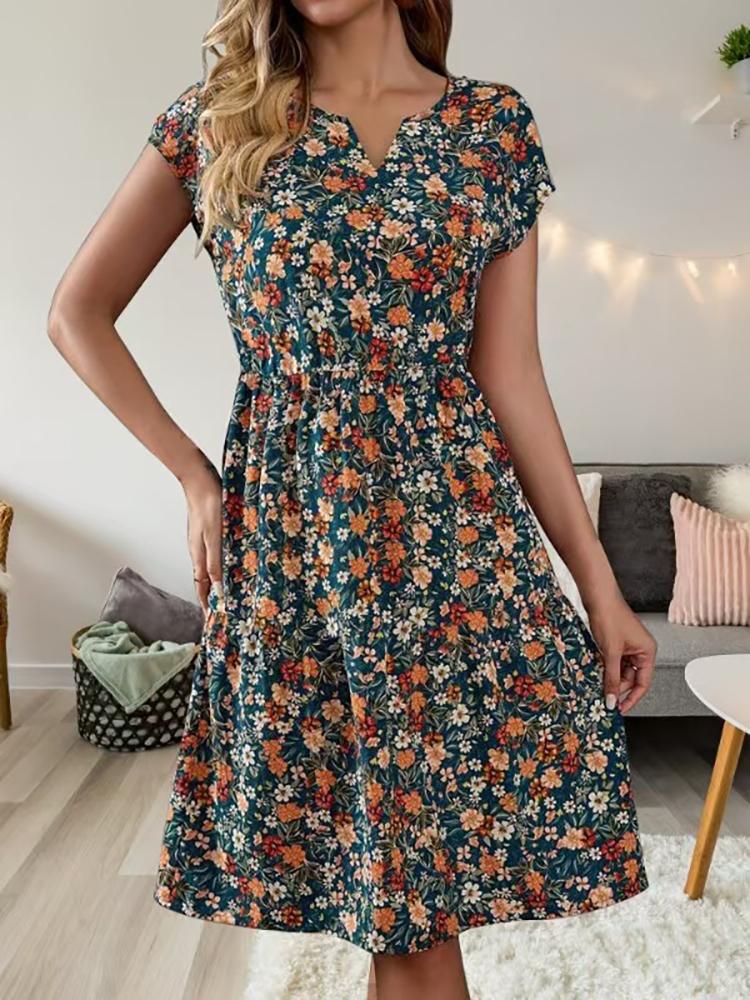 Летнее новое женское элегантное платье с цветочным принтом, эластичной талией, V-образным вырезом и коротким рукавом