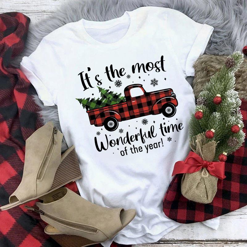 Maycaur T-shirts Women 90s Christmas Truck Clothes Cartoon Kawaii Deer Printed Tshirt Top Lady Print Tee Women's Y2K Clothing