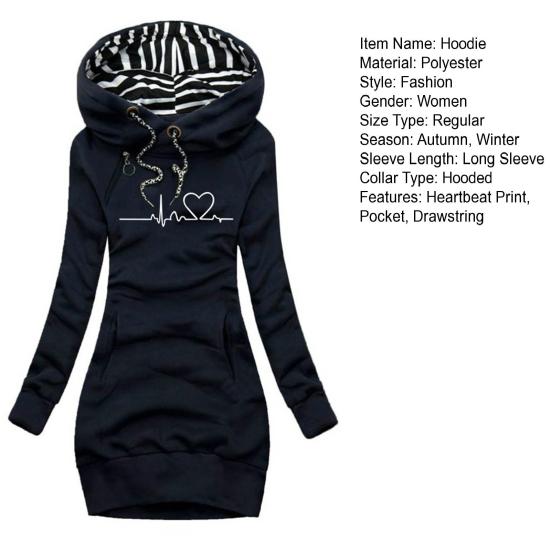 Пуловер средней длины на шнурке с передним карманом и длинными рукавами, женская осенне-зимняя толстовка с принтом «сердцебиение», облегающая толстовка с капюшоном, верхняя одежда