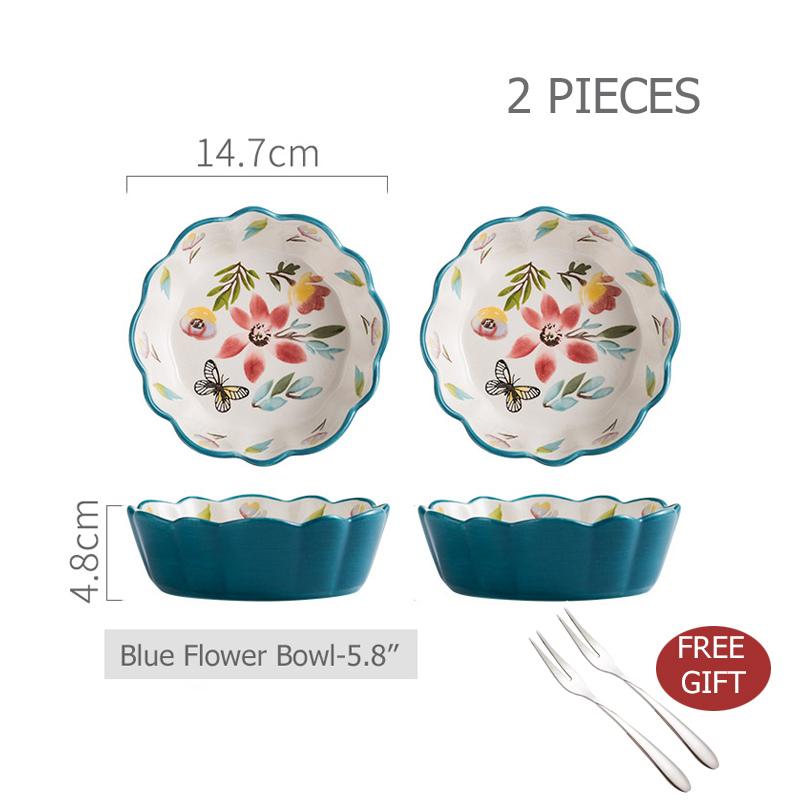 Керамическая красная миска с вишней, салатница, подставка для риса и пасты, миска-рамекин, синяя столовая посуда с цветочным узором, можно мыть в посудомоечной машине