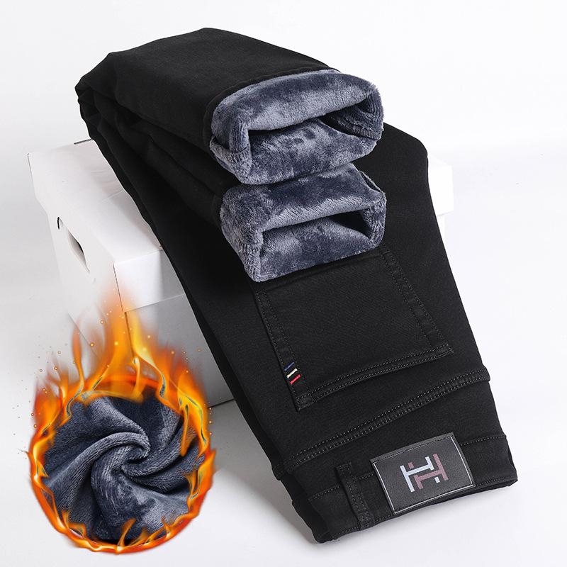 Новые осенние и зимние стили с плюшевыми и утолщенными/обычными мужскими джинсами Slim Fit, Small Feet Loose, повседневные и модные эластичные брюки