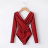 Женская мода V-образным вырезом с длинным рукавом комбинезон Cross Front Bodysuit
