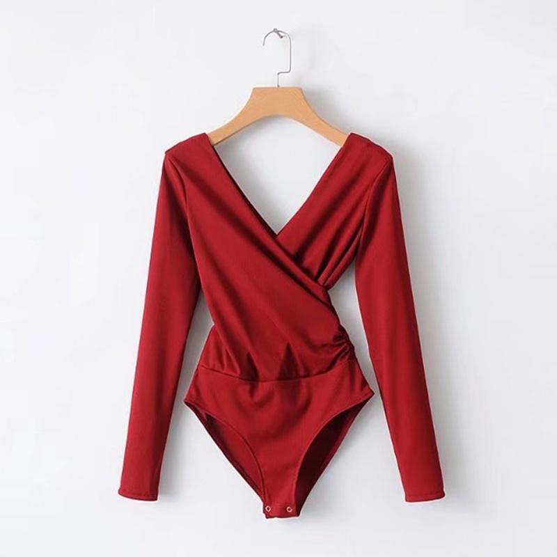 Женская мода V-образным вырезом с длинным рукавом комбинезон Cross Front Bodysuit