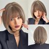 Bob Wigs with Bangs Synthetic Short Straight Wig for Black Women Mixed Brown Ash Gray Heat Resistant Bobo Cosplay Wig