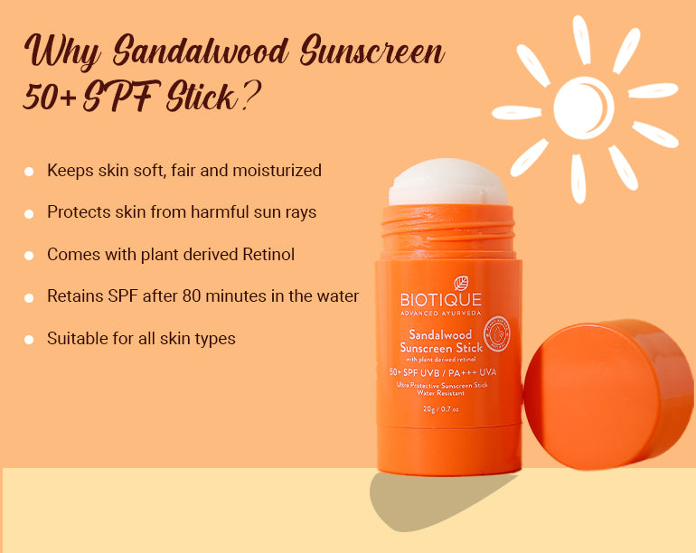 Biotique Солнцезащитный стик с сандалом SPF 50+ | 20 г | Натуральная защита от UVA/UVB лучей | Водостойкий | Увлажняющий и нежирный