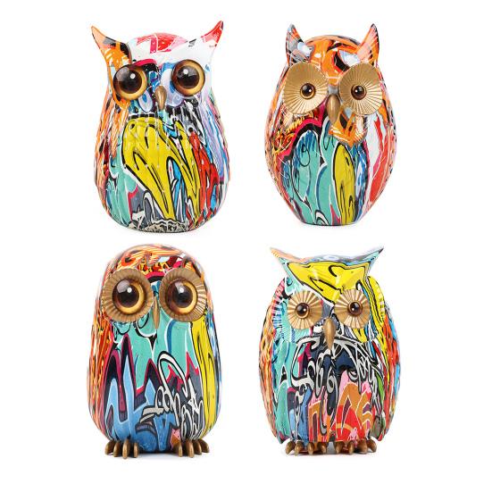 Граффити Сова Фигурка Сова из смолы Украшение для рабочего стола Многоцветная статуя Совы для дома Подставка под телевизор Офисная книжная полка Украшение стола