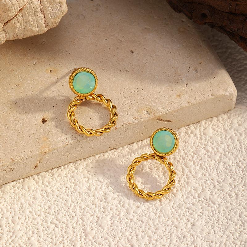 Popular turquoise titanium steel stud earrings light luxury high-end round stainless steel stud earrings electroplated 18K gold stud earrings