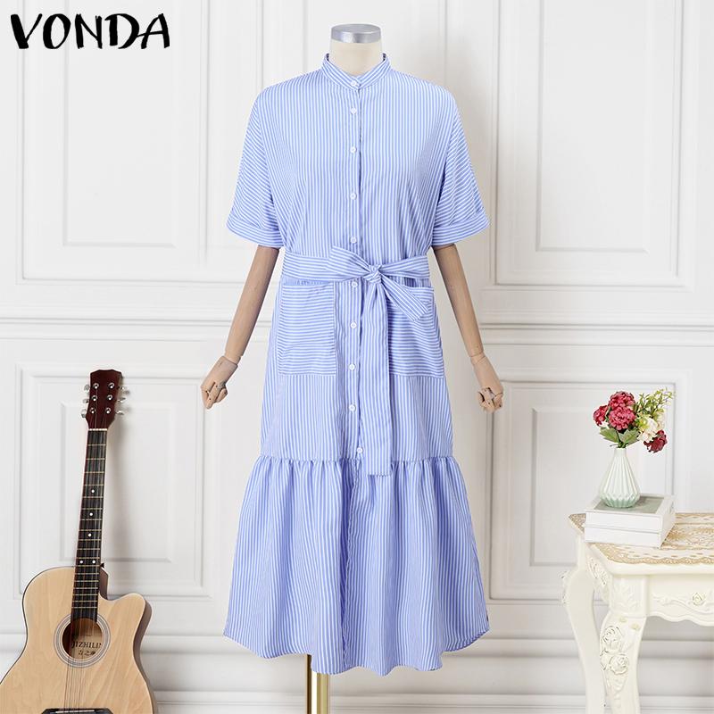 VONDA Женские элегантные полосатые платья-рубашки с коротким рукавом