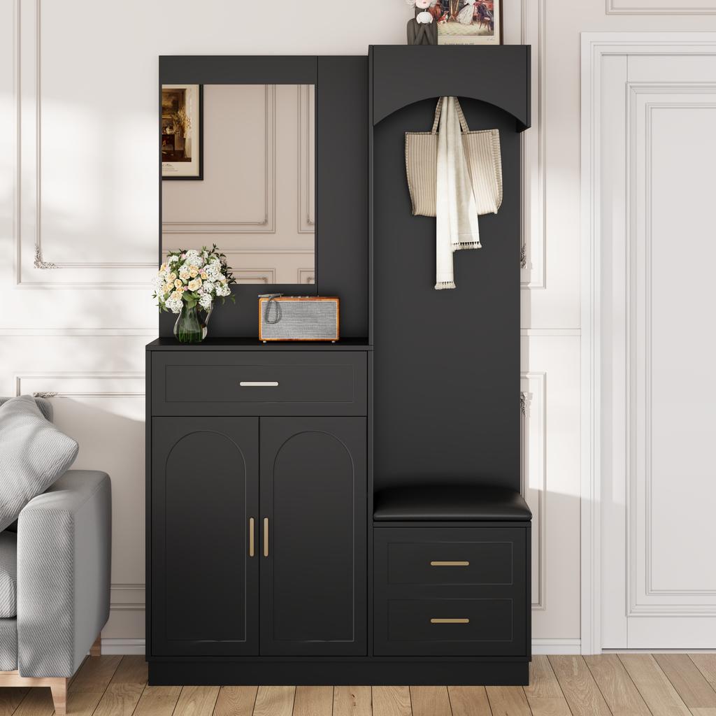 Modern, Compact Hallway Wardrobe, Coat Cabinet and Shoe Cabinet Combination, Entrance Cabinet, Multifunctional Storage Shelf with Mirror