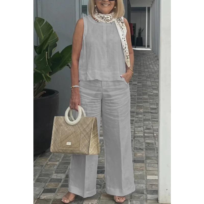 VEZFAA Женские модные повседневные летние весенние однотонные принтованные брюки без рукавов с круглым вырезом костюмы