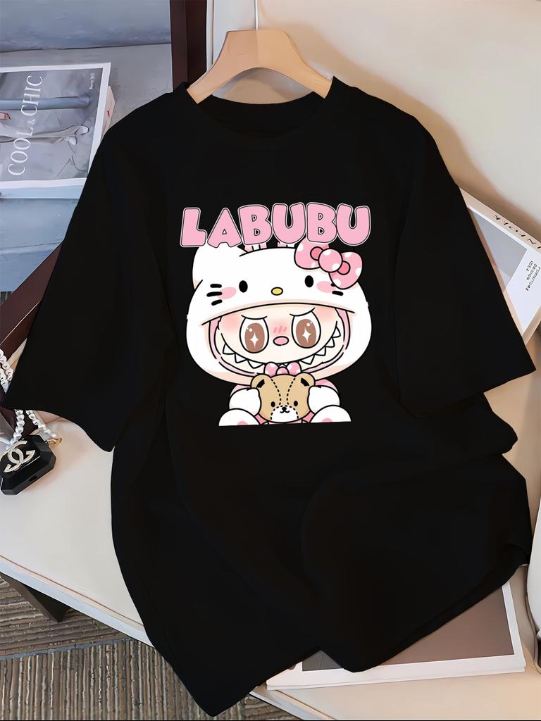 Labubu Cartoon Print Casual T-Shirt, Polyester 100% Crew Neck Short Sleeve Top for Spring/Summer/Fall - Knit Fabric Adult Tee