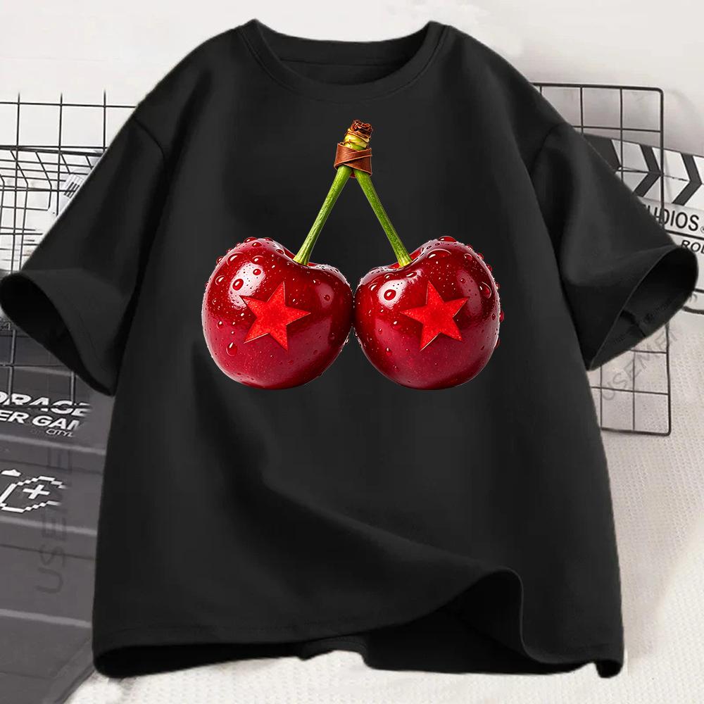 Cherry Star Print Unisex T Shirt Cute Fruit Graphic Tee Casual Short Sleeve O Neck Loose Kawaii Summer Streetwear Top T Shirts