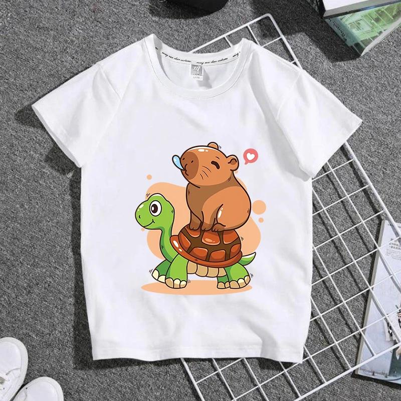 Capybaras Child Short Sleeve T-shirt Cute Cartoon Capibara Print Cotton Tops Girls Kawaii Summer Casual Tees Kids Birthday Gifts