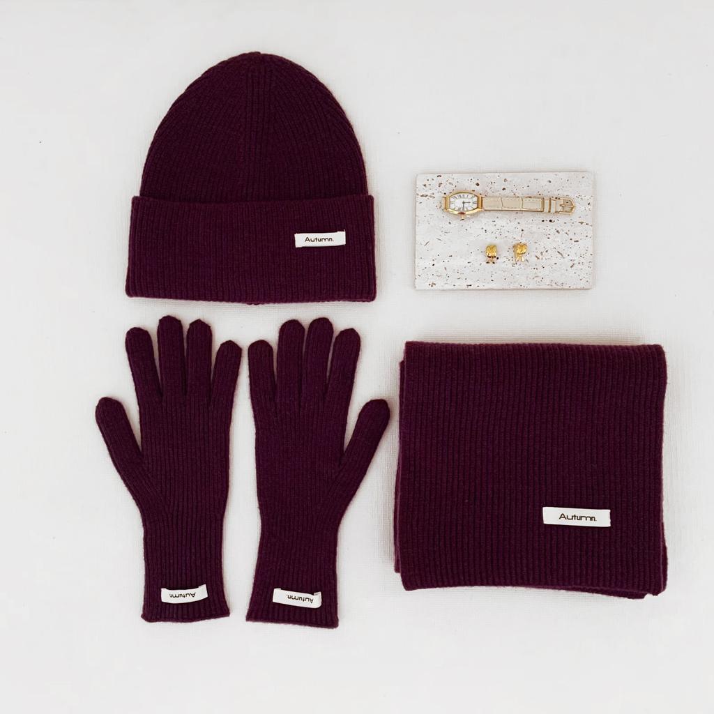 Solid Color Knitted Hat Scarf Gloves Three Piece Set Knitted Imitation Cashmere Yarn Scarf Red Christmas Hat Set