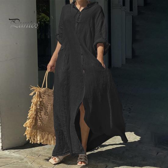 Spring Summer Women Dress Plus Size Loose Pure Color Single-breasted Pockets V Neck Long Sleeves Split Hem Soft Breathable Casual Ankle Length Maxi