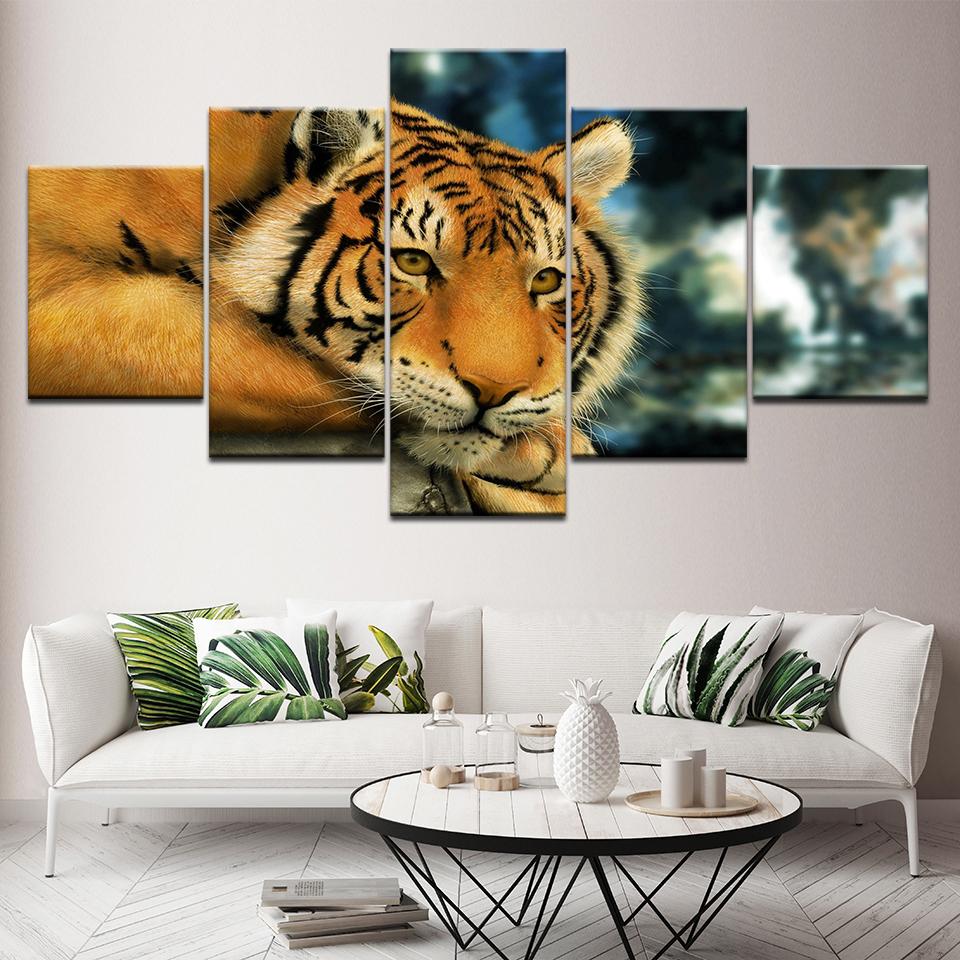 A lying tiger animal poster 5 Piece Wallpapers Art Canvas Print modern Poster Modular art painting for Living Room Home Decor