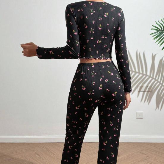 Пижамный комплект для женщин с вишневым принтом, кроп-топ с длинным рукавом и длинные