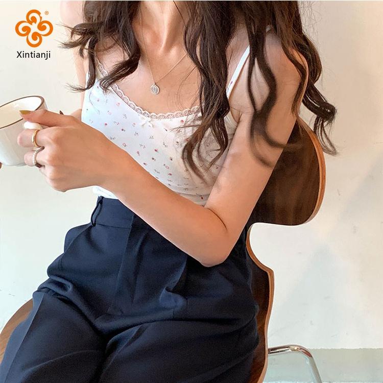 Casual Knitted Women Sexy Lace Tank Top Floral Printed Cotton Vest Sexy Spaghetti Strap Up Slim Cute Crop Tops Camis M-2XL