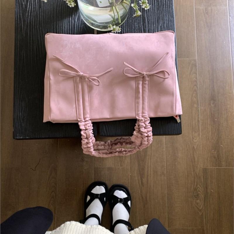 Sweet Cute Pink Bow Tote Bag Women Large Capacity Pleated Handle Shoulder Bag Ladies Casual Versatile Crossbody Purse Chic 2025