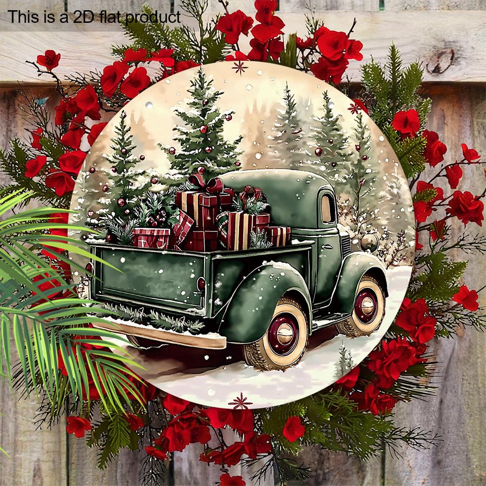 Рождественская деревянная табличка с рисунком винтажного пикапа, теплая зимняя круглая табличка для декора на входную дверь или стену, идеальное рождественское украшение