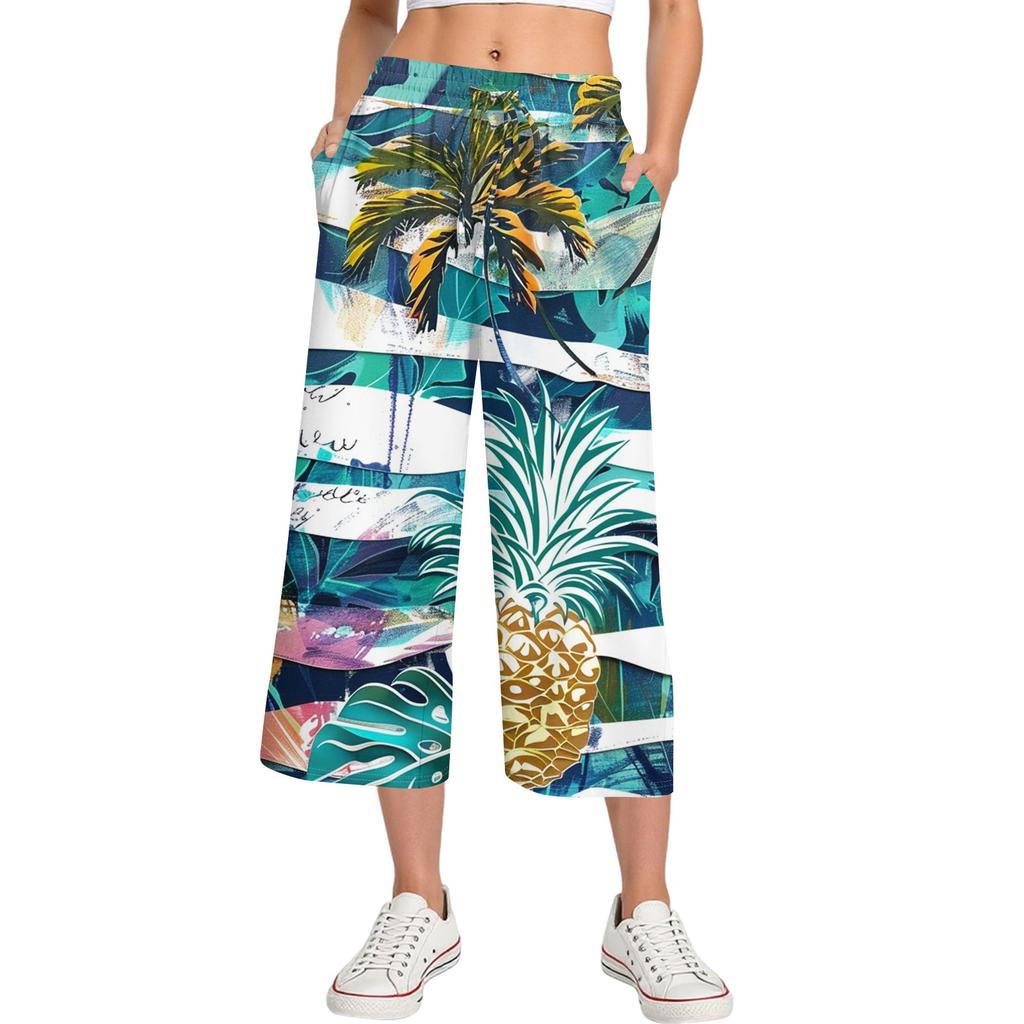 Женские летние повседневные спортивные брюки с высокой талией и принтом, укороченные брюки свободного покроя