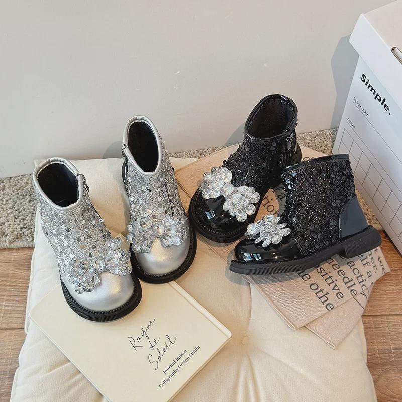 2024 Autumn Winter Crystal Princess Boots for Girls: Korean Style, Medium/Large Sizes, Baby Girls Single Boots