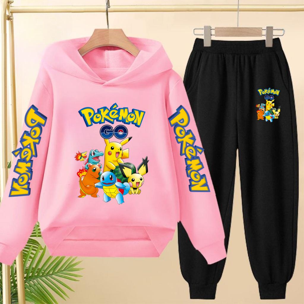 Pikachu Two-piece Clothing Children Girls Sweatshirt+Pants Casual Tracksuits Boys Pokemon Hoodie Kawaii Pullover Sports Coat Set