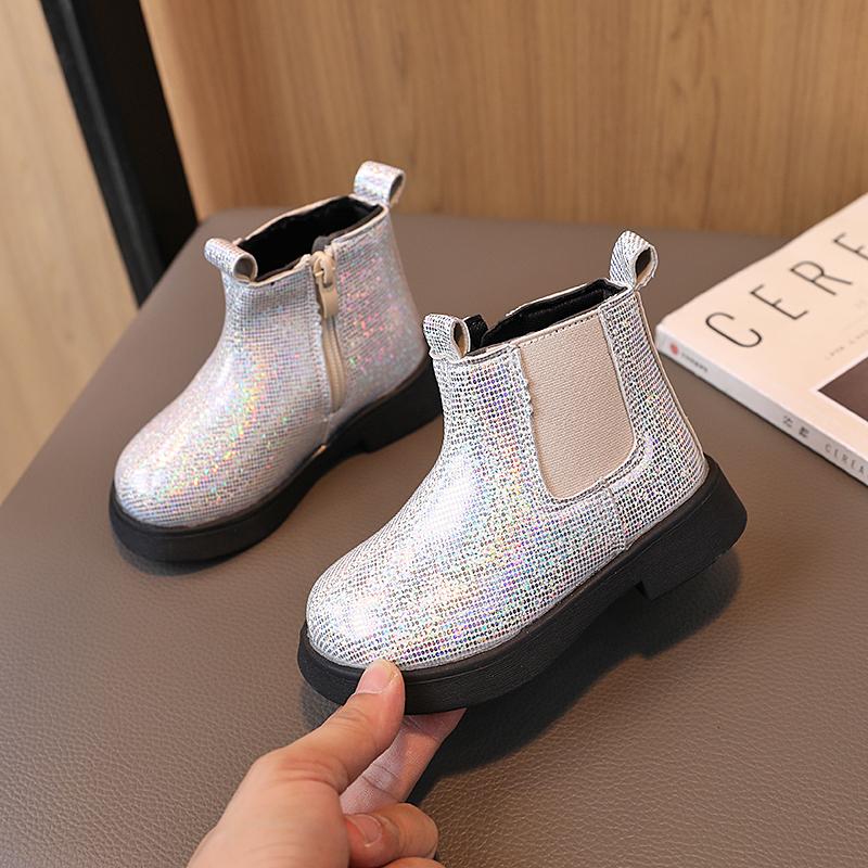 Autumn Spring Children Short Boots Girls Crystal Chelsea Boots Little Princess Bling Bling Baby Shoes Kids Leather Boots