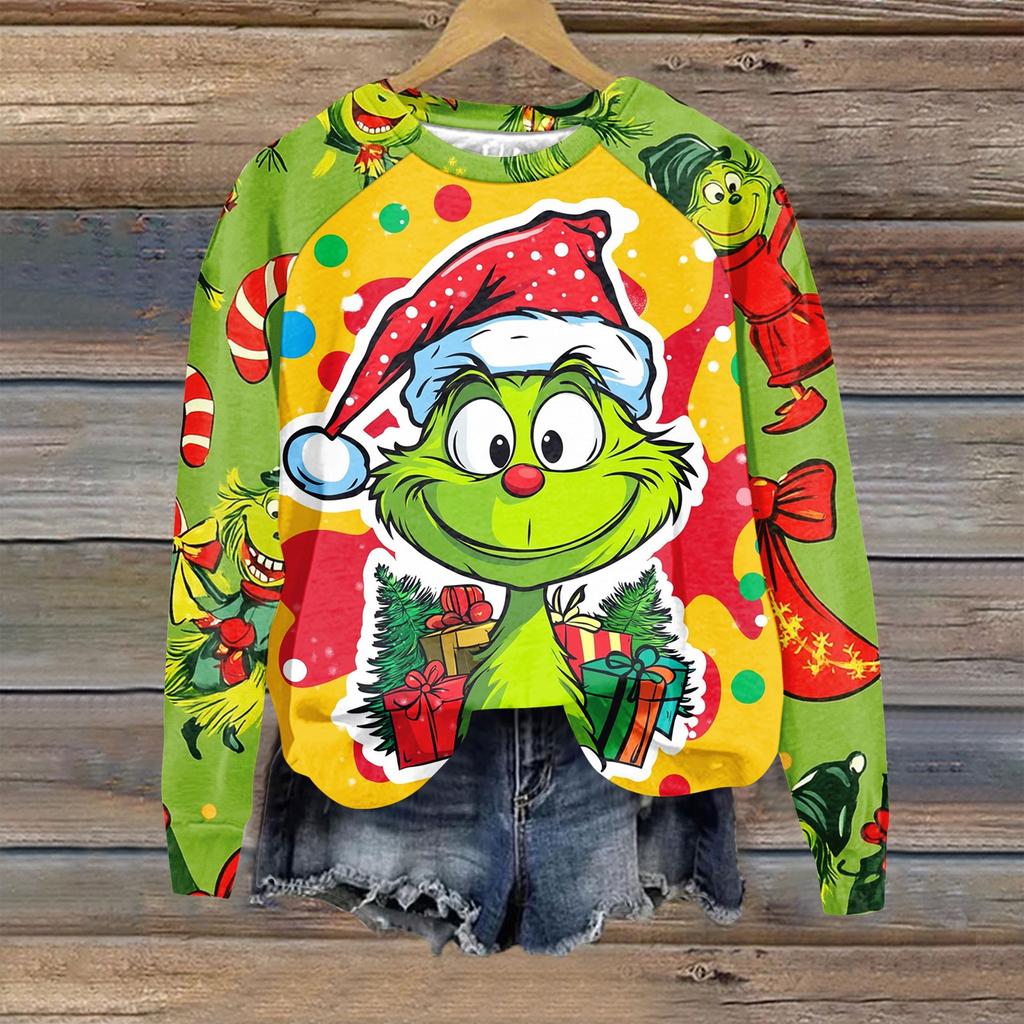 Women's Fashion Casual Long Sleeve Christmas Print Raglan Round Neck Sweatshirt Top
