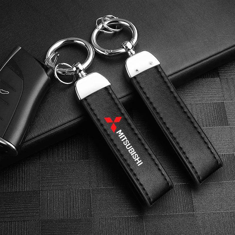 Bilnyckelringar i läder med emblem – Nyckelring för Mitsubishi Ralliart Outlander Lancer Ex Galant Attrage Xpander Mirage Pajero