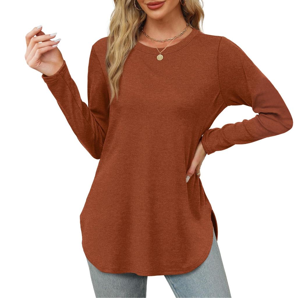 Womens Long Sleeve Round Neck Shirts Side Split Basic Loose Tunic Tops Casual Shirts