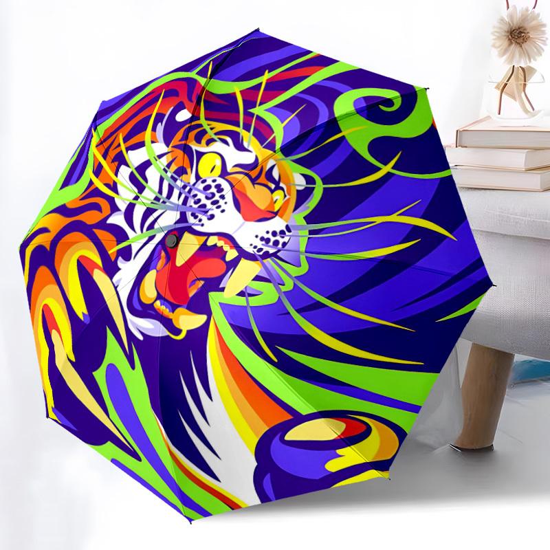 1PC Tiger Artwork Automatic Windproof Umbrella 8 Rib Portable Folding Black Iron Frame for Outdoor, Beach, Travel, Beach Umbrella S13