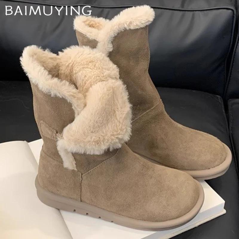 Меховые женские полусапожки из замши на плоской подошве, женская обувь 2025 года, тренд, зимняя мода, бренд, спорт, повседневные, удобные, для ходьбы, женские зимние ботинки