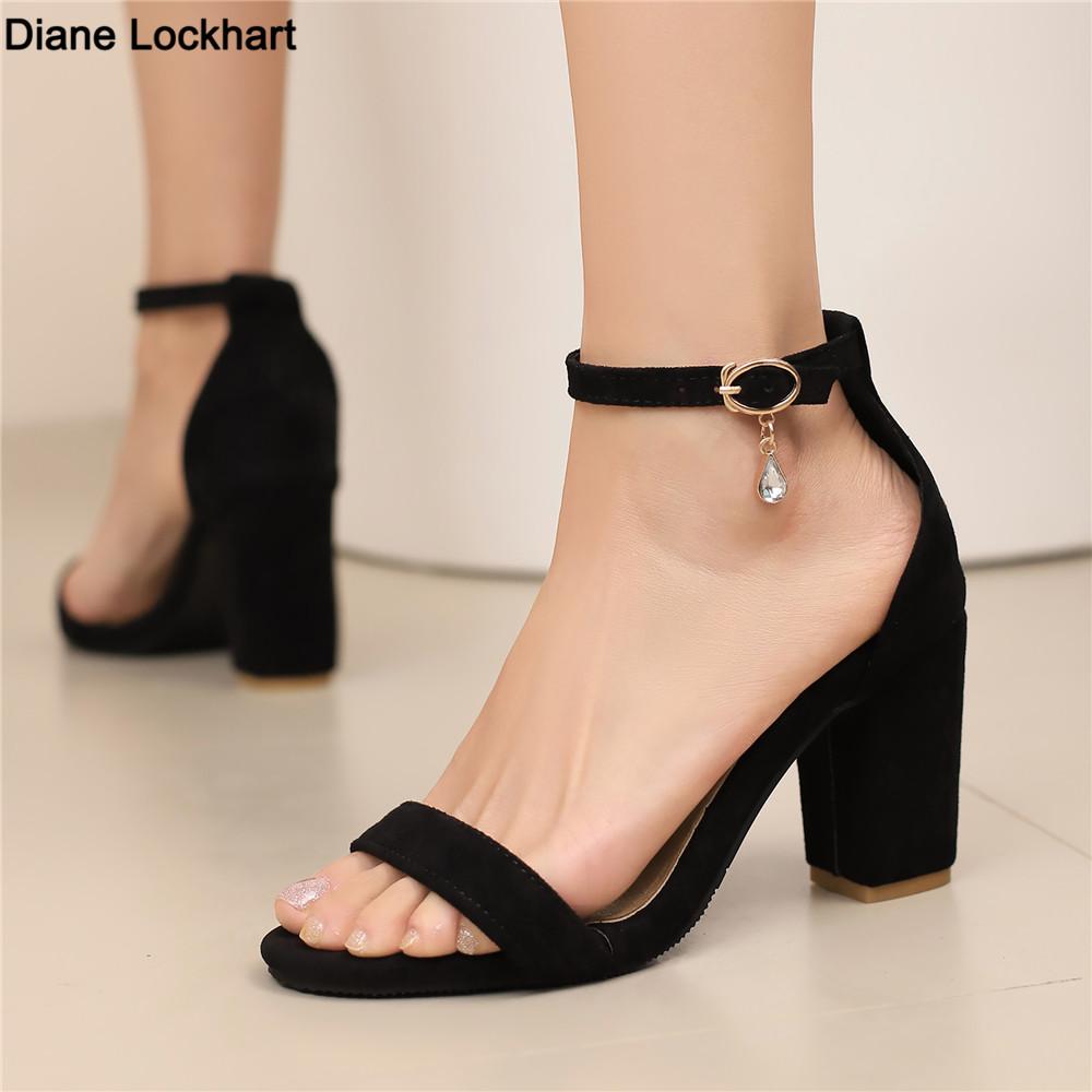 Fashion Women High Heels Sexy Pumps Open Toe Flock Thick Heel Bridal Party Shoes Ladies Buckle Strap Gladiator Sandals 32-48 Black Red