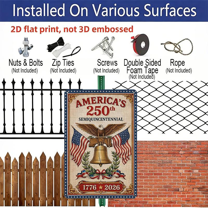 2D Flat Decorative 8×12 Inch Aluminum Plaque Metal Sign | America's 250th Semiquincentennial (1776-2026): Liberty Bell, Bald Eagle & Dual US Flags