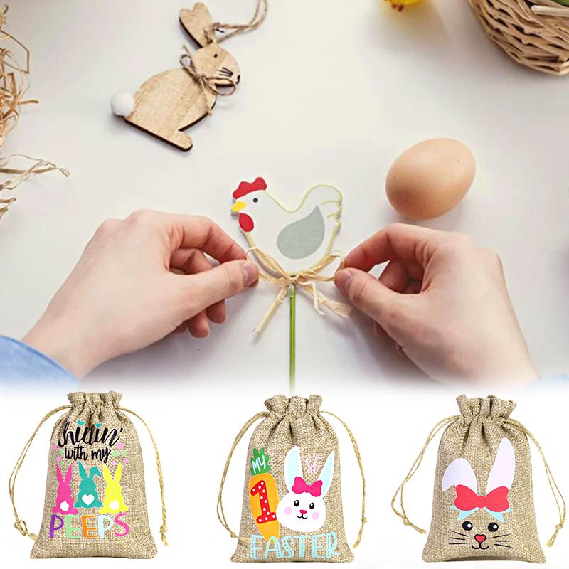 10Pcs Drawstring Pouches Cute Easter Thickened Rabbit Candy Bag Reusable Bunny Gift Bags Burlap Party Favor Supplies