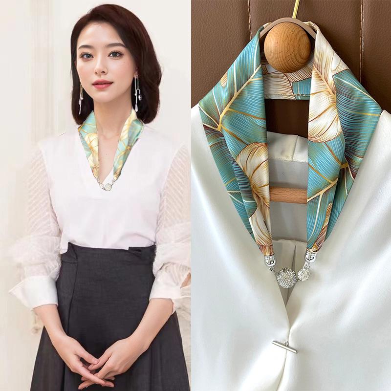 Женский шелковый шарф с магнитной пряжкой — модная защита шеи на весну, лето и осень 2024 года