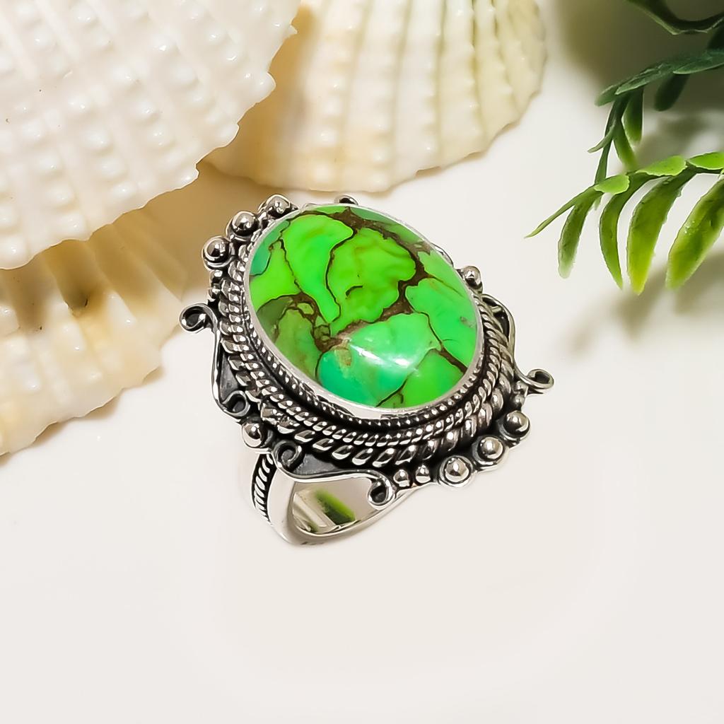 Copper Green Turquoise 925 Sterling Silver Ring V4243, Green Ring, Oval Ring, Valentin's Day Gift, Gift For Her, Birthday Gift, Handmade Jewelry, Silv